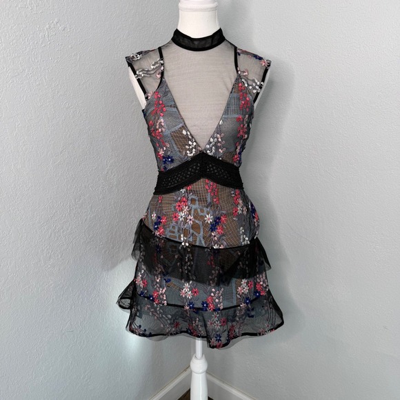 Self-Portrait Floral Embroidered Mesh Mini Dress Black Pink Blue Size 0